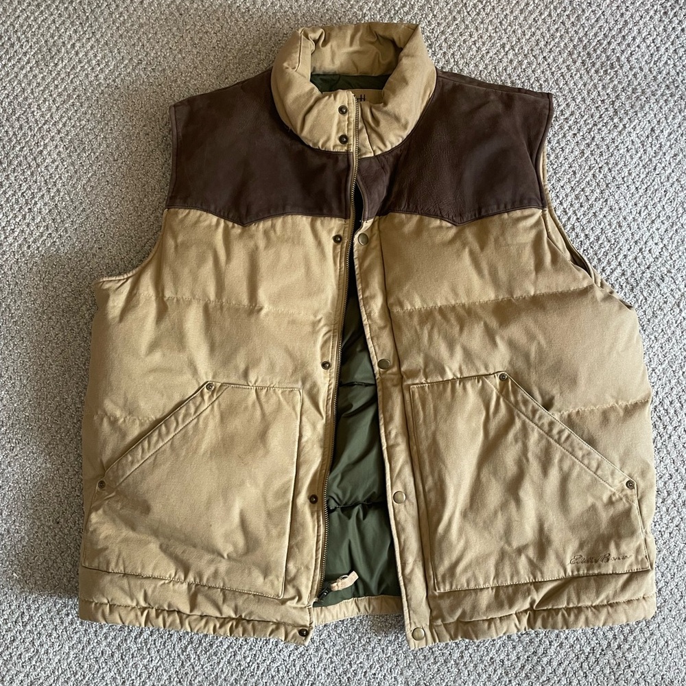 Vintage Men’s Eddie Bauer Tan and Brown Puffer Vest